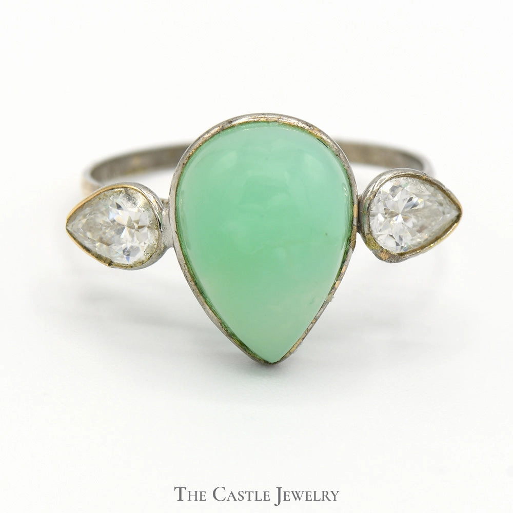 Bezel Set Pear Cut Jade Ring with Moissanite Accents in 14k White Gold Vintage Piece Chic piece