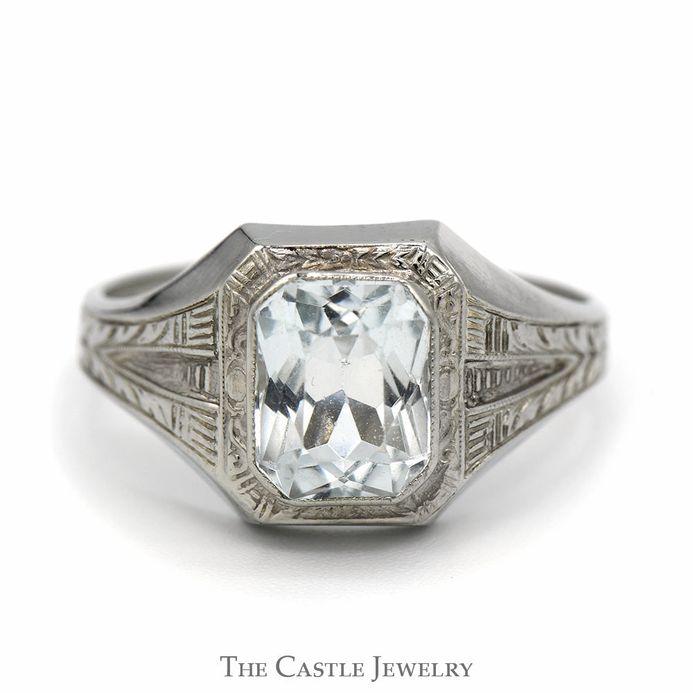 Bezel Set Radiant Cut Aquamarine Ring in 10k White Gold Antique Style Setting Contemporary Simplicity