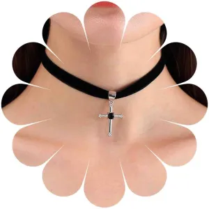 Black Velvet Choker Necklace Silver Cross Pendant Neckalce Goth Cross Velvet Necklace Short Crucifix Suede Necklace Punk Black Velvet Collar Necklace Jewelry for Women