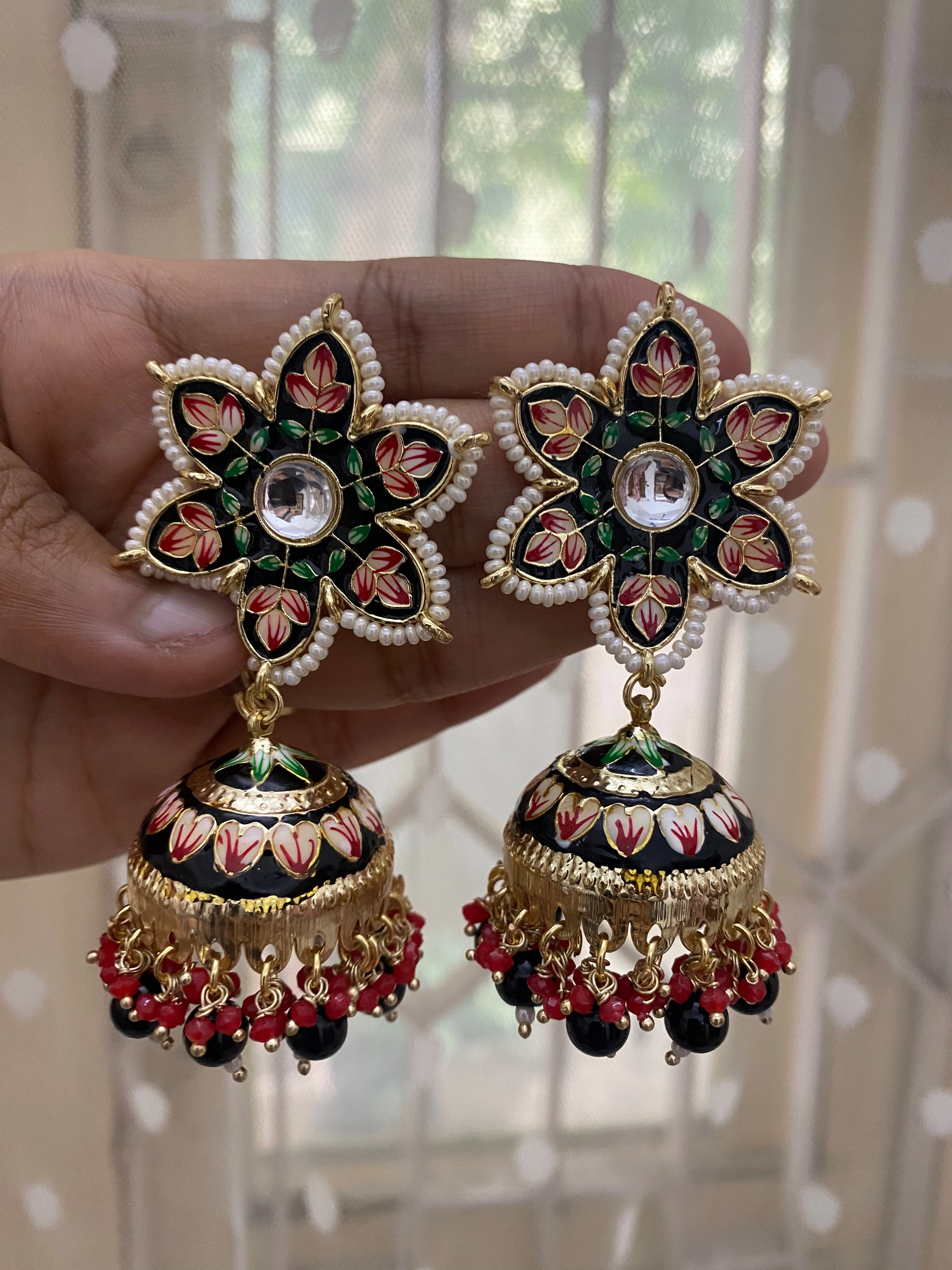 Black Color Star Jhumka Earring For Women Curved Piece Oval Adornment