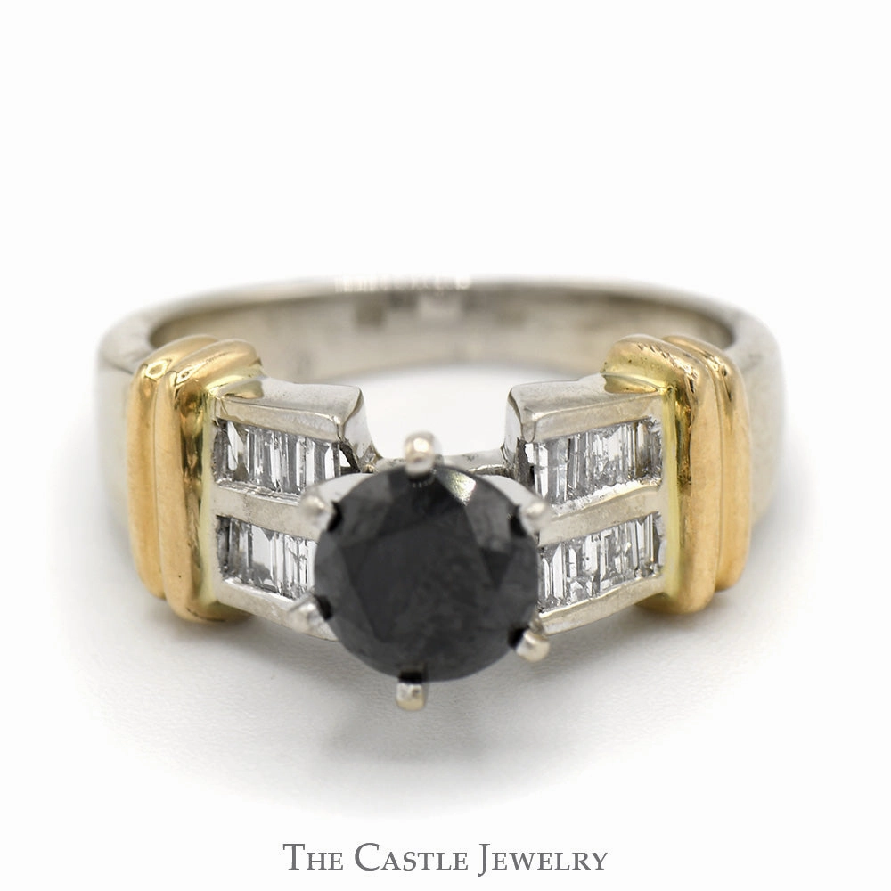 Personal Ornament Black Diamond Ring with Baguette Diamond Accents in 14k White Gold Setting with Yellow Gold Bar Accents