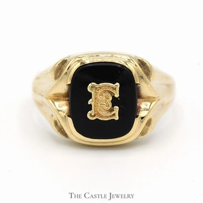 Black Onyx "E" Initial Designed Ring in 10k Yellow Gold Minimal Look