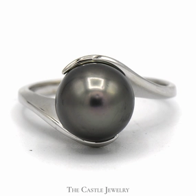 Asymmetric Balance Urban Present Black Pearl Ring with Bypass Designed Mounting in 14k White Gold