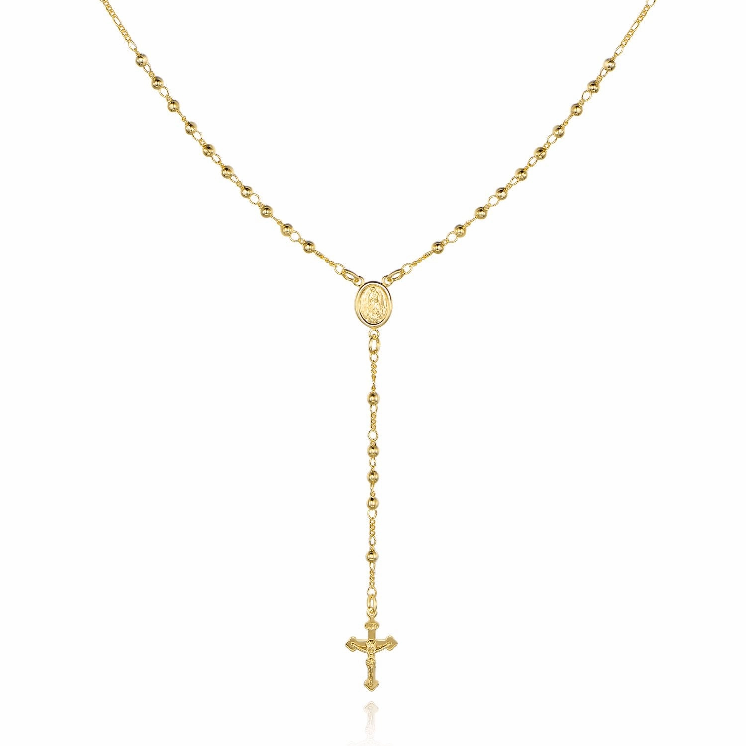 18K Gold Plated Virgin Mary Rosary Bead Cross Necklace Beaded Strand Piece