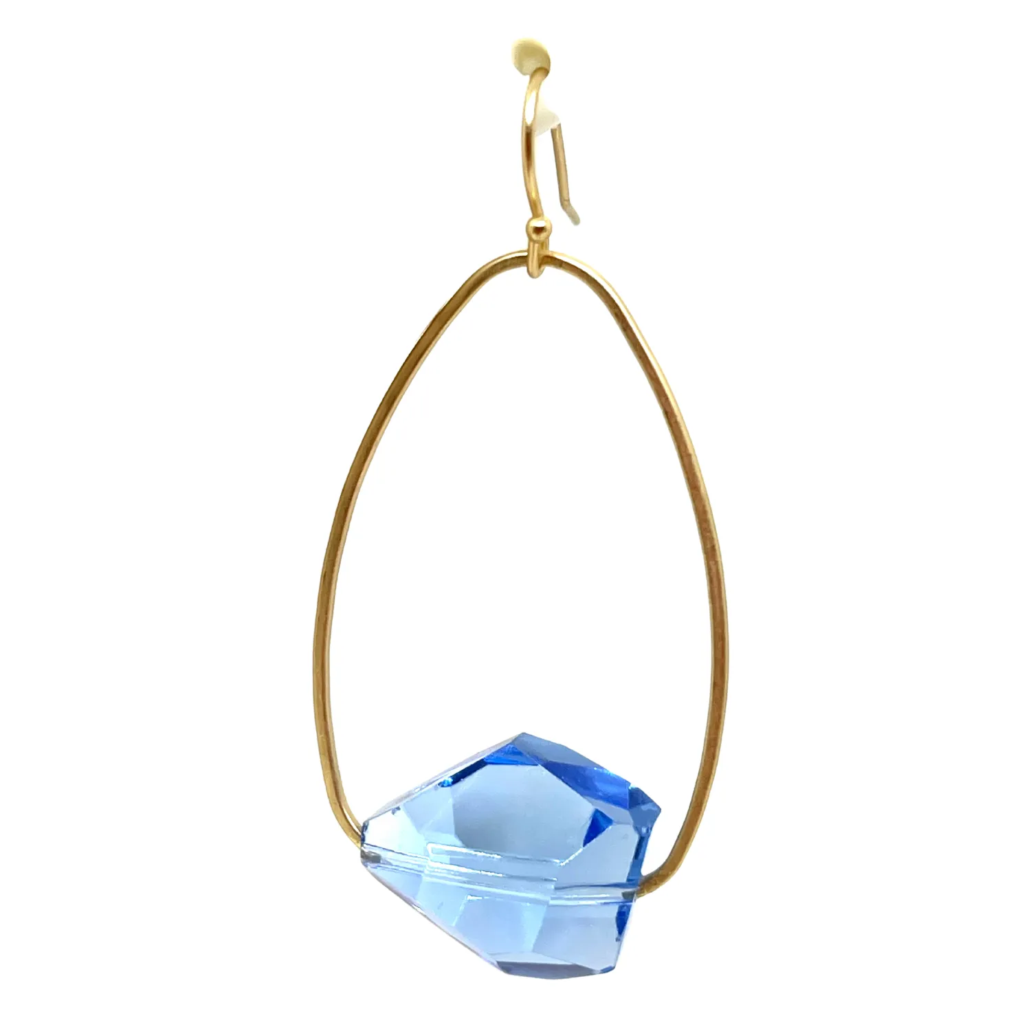 Blue Crystal Nugget Inset Matte Gold Oval Hoop Earrings