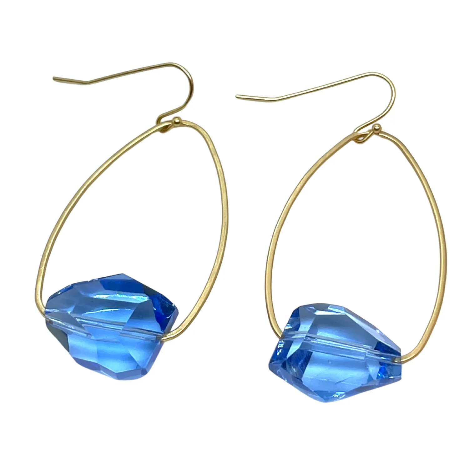 Blue Crystal Nugget Inset Matte Gold Oval Hoop Earrings