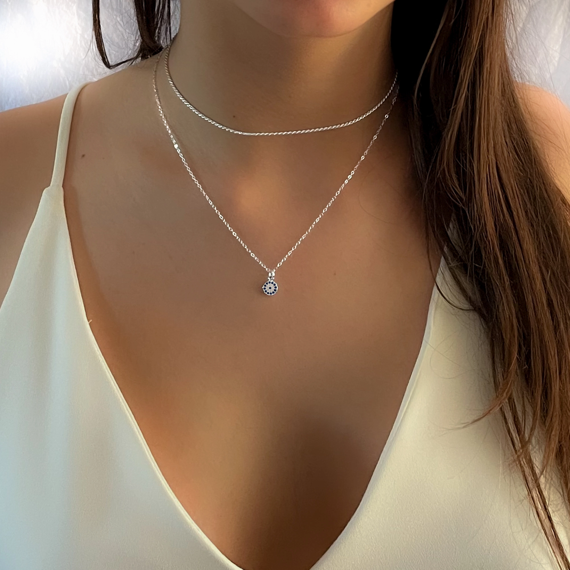 Lightweight Present Comfortable Ornament Blue CZ Circle Charm Necklace