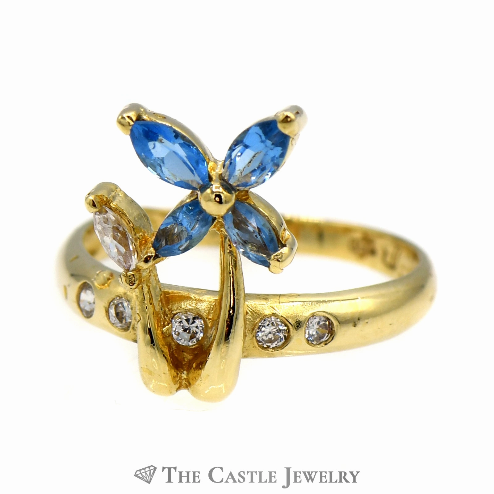 Customizable Look Blue Topaz & Cubic Zirconia Flower Designed Ring in 18k Yellow Gold