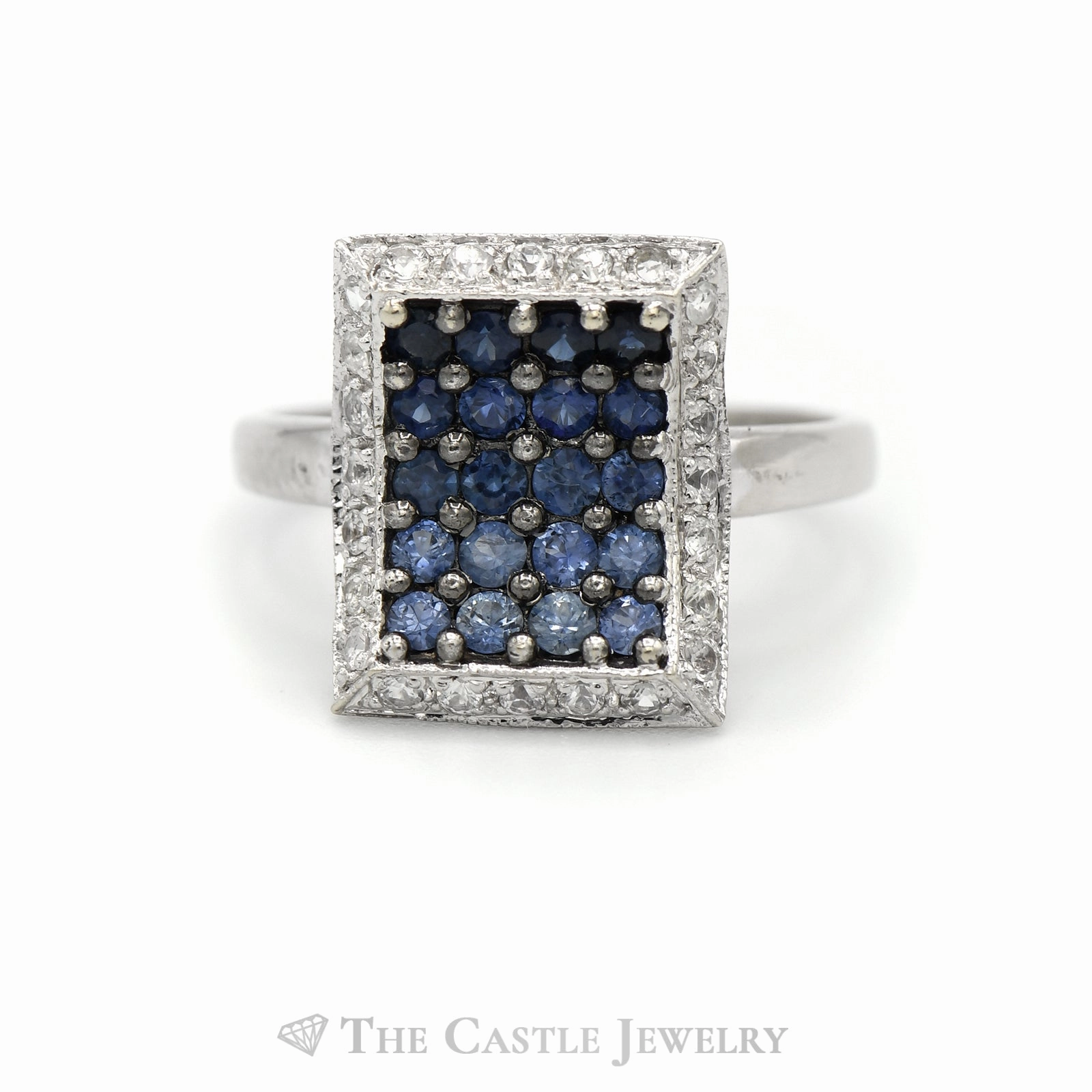 Blue Topaz Cluster Square Ring with Topaz Halo in 14KT White Gold Timeless Harmony