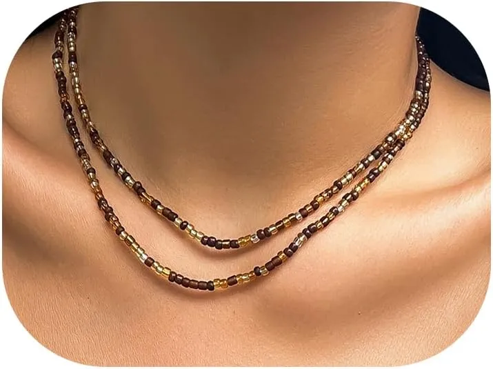 Bohemian Beaded Necklaces for Women Handmade Trendy Double Layered Colorful Beads Choker Necklace Cute Ocean Sea Shell Starfish Necklace Adjustable Beach Jewelry