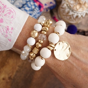 Boho Beads Coin Bracelets Statement set in Cream Lucky Blends Universal Appeal