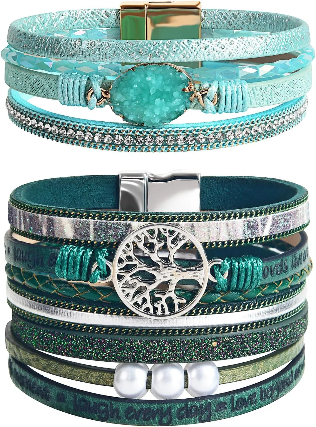 Boho Leather Wrap Bracelets Bohemian Crystal Bracelets Trendy Layered Bracelet with Magnetic Clasp Jewelry Gifts for Women