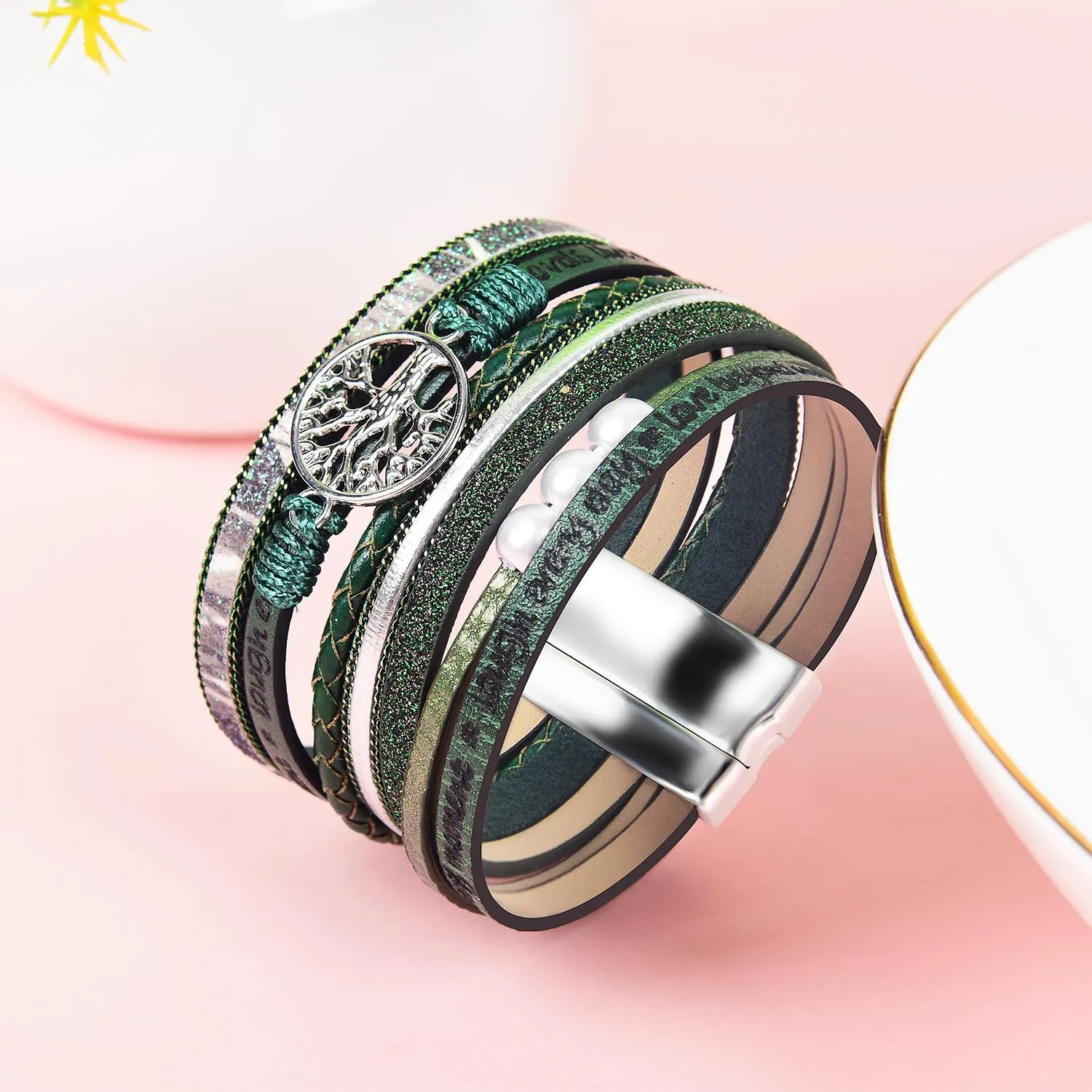 Boho Leather Wrap Bracelets Bohemian Crystal Bracelets Trendy Layered Bracelet with Magnetic Clasp Jewelry Gifts for Women