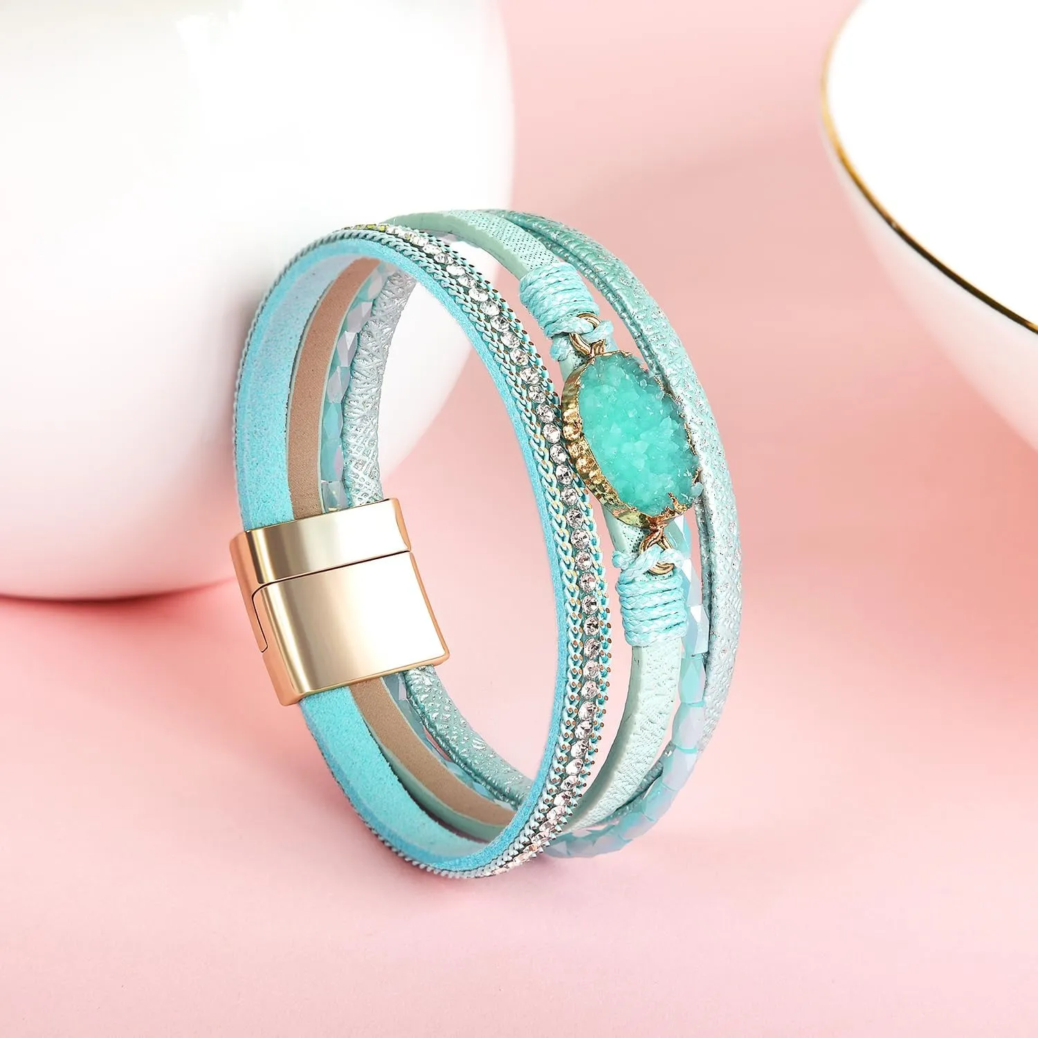 Boho Leather Wrap Bracelets Bohemian Crystal Bracelets Trendy Layered Bracelet with Magnetic Clasp Jewelry Gifts for Women