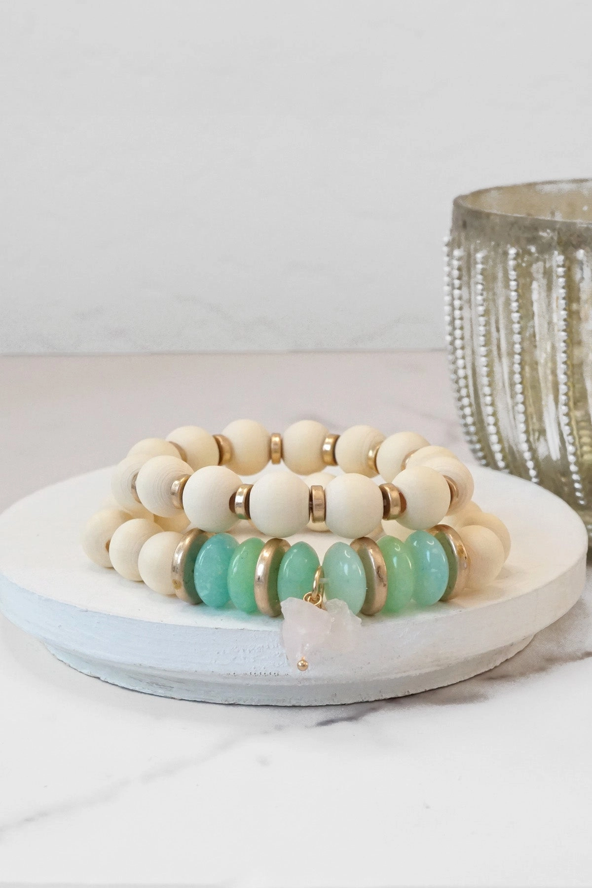 Generational Story Boho Beaded Bracelet Set Wood Acrylic and Golden Metal Beads Quartz