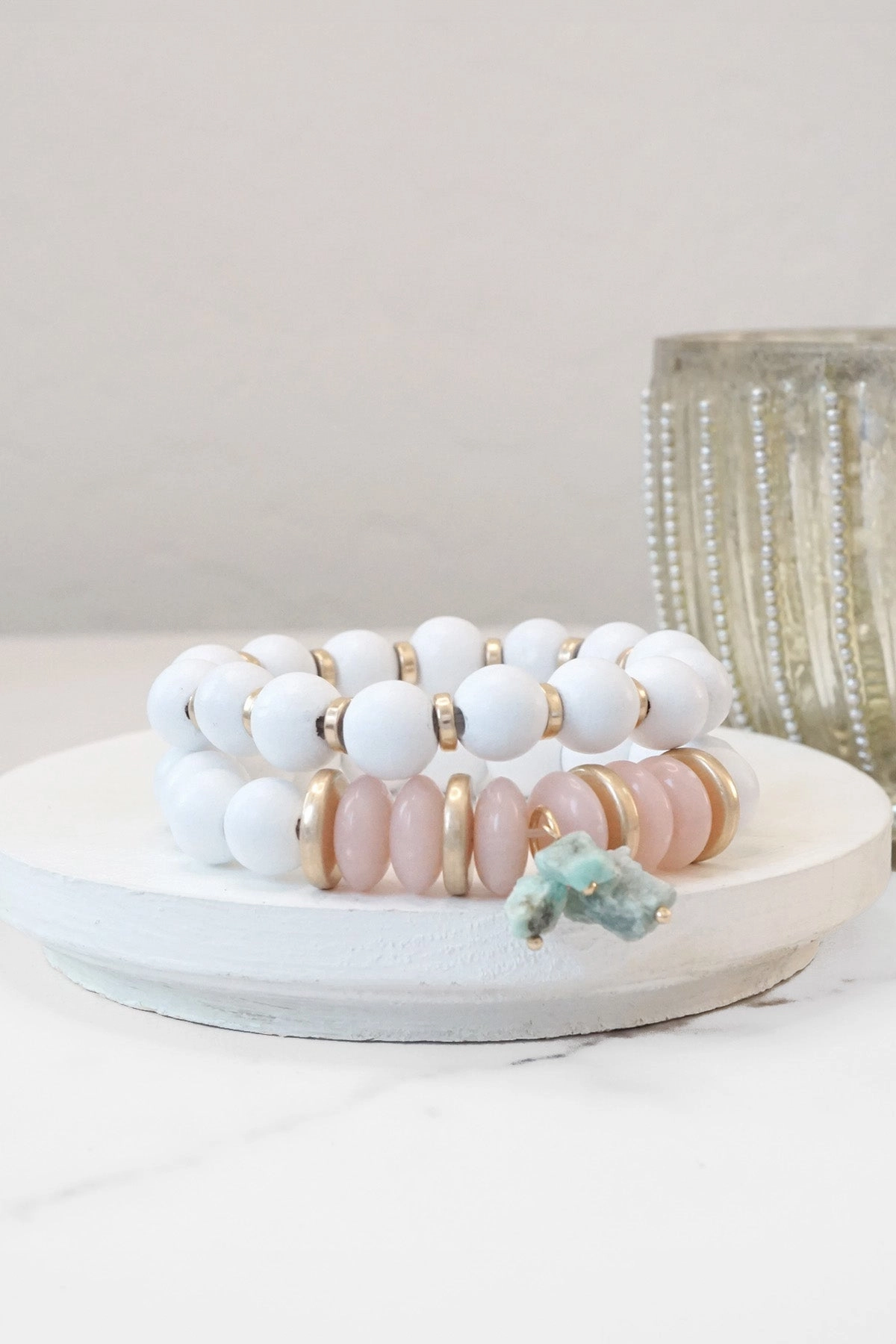 Boho Beaded Bracelet Set Wood Acrylic and Golden Metal Beads Quartz Boundless Amalgamations