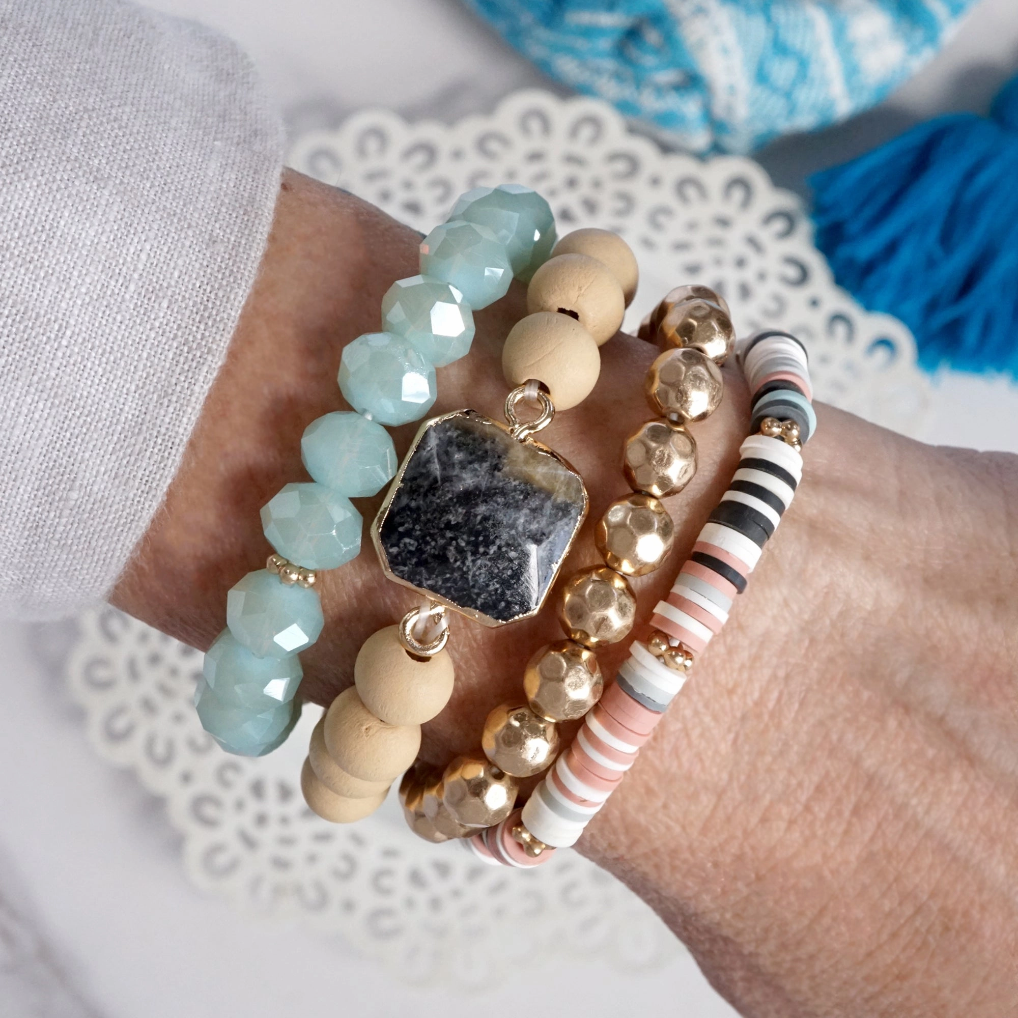 Boho Beaded Bracelets Set Semi Precious Center Stone Wood Glass Clay Beads Aqua Blue Gray andandGold tone Cheerful Amalgamations Cherished Keepsake
