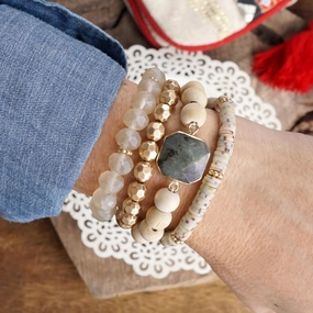 Top Dollar Novel Vision Boho Beaded Bracelets Set Semi Precious Labradorite Center Stone Wood Glass Clay Beads Gold tone