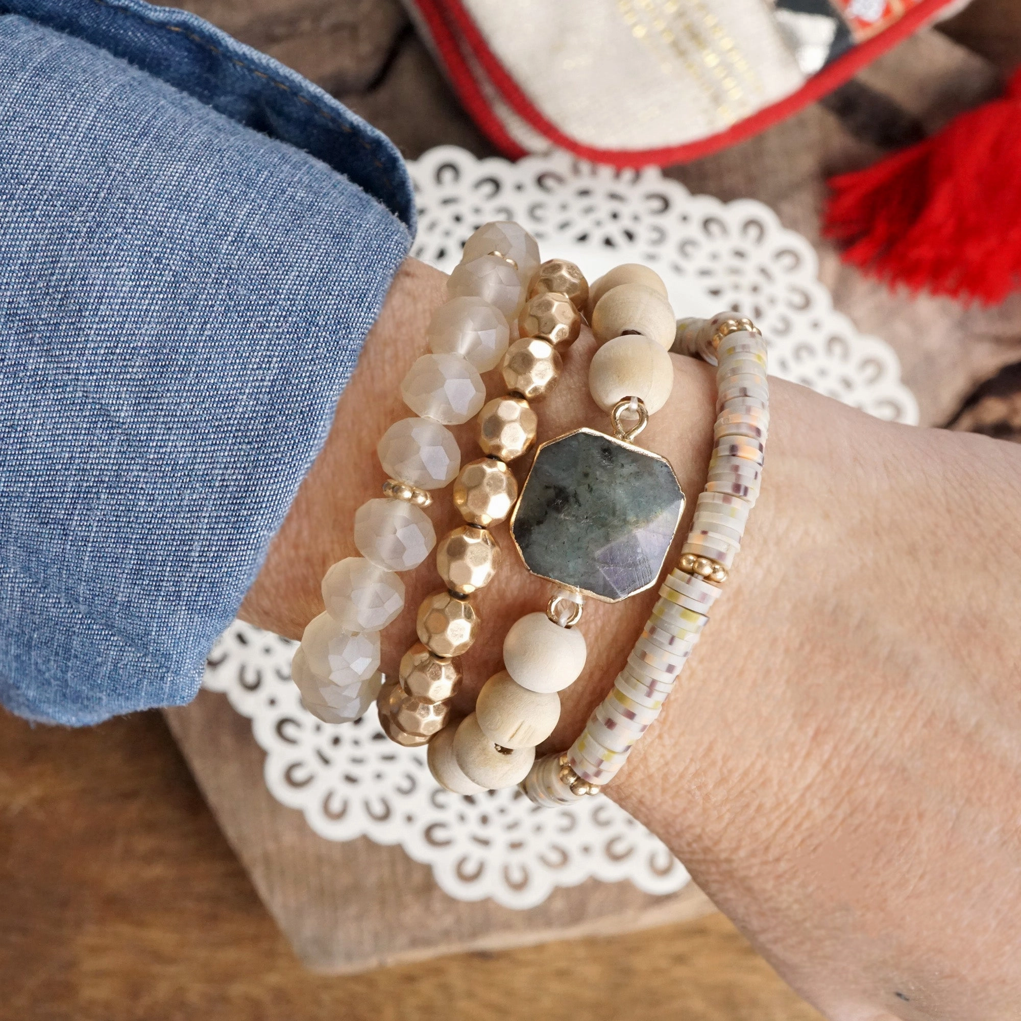 Top Dollar Novel Vision Boho Beaded Bracelets Set Semi Precious Labradorite Center Stone Wood Glass Clay Beads Gold tone