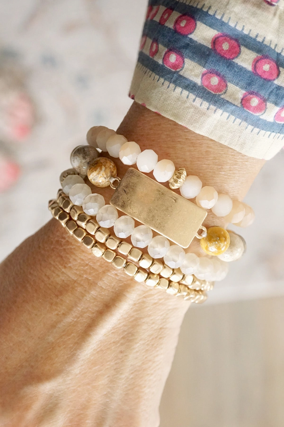 Complete Outfit Boho Beaded Bracelets Stack Semi Precious Metal Glass Plaque - Browns