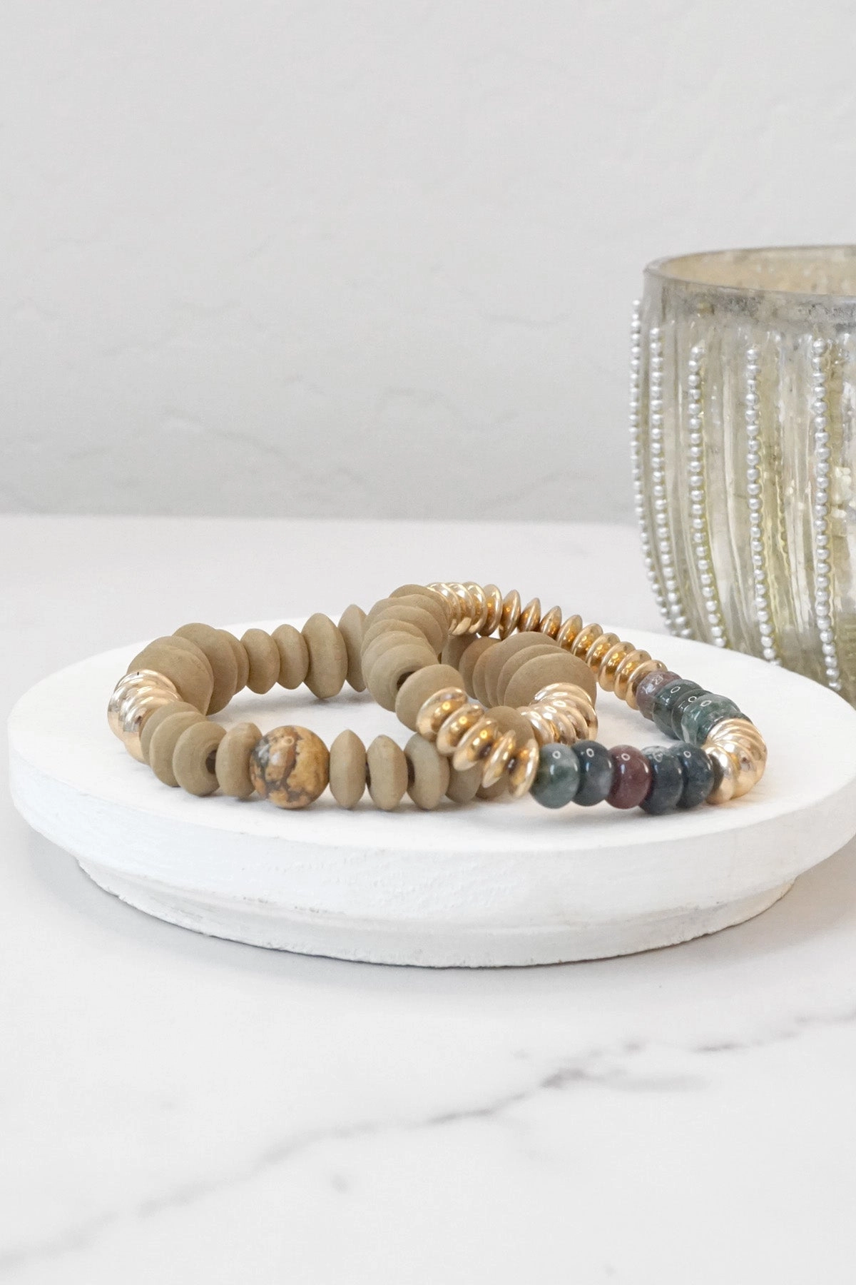 Easy Breezy Convertible Style Boho Beads Bracelets set Wood Metal and Stones beads Cream Black Khaki