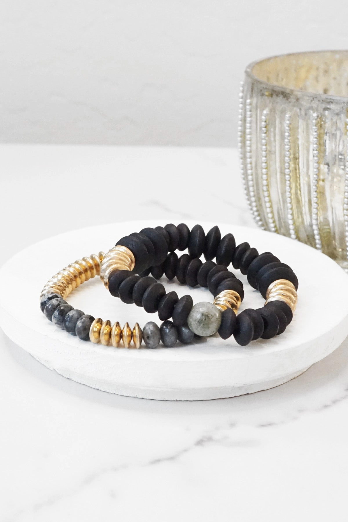 Unbridled Amalgamation Interactive Piece Boho Beads Bracelets set Wood Metal and Stones beads Cream Black Khaki