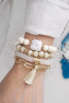 Newly Sighted Team Spirit Boho Beads Tassel Bracelets set with Semi Precious stone White