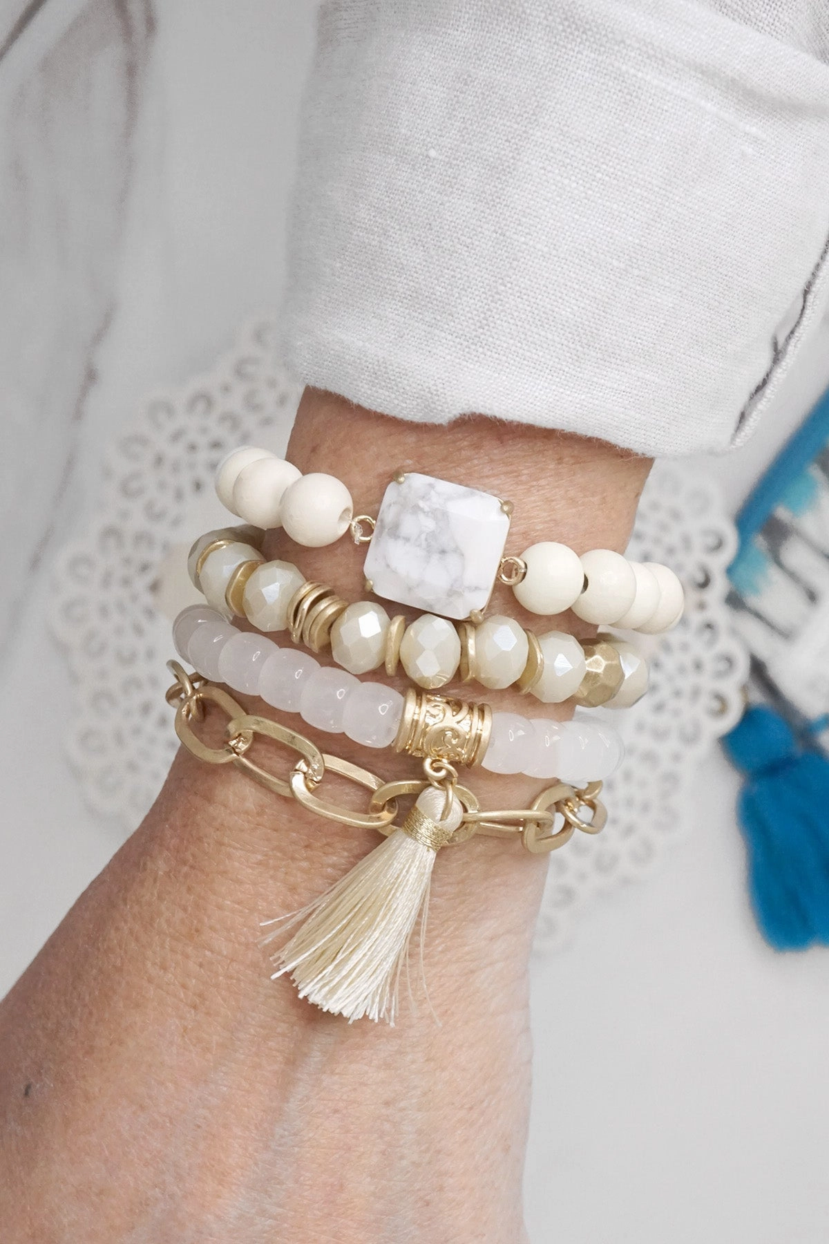 Newly Sighted Team Spirit Boho Beads Tassel Bracelets set with Semi Precious stone White