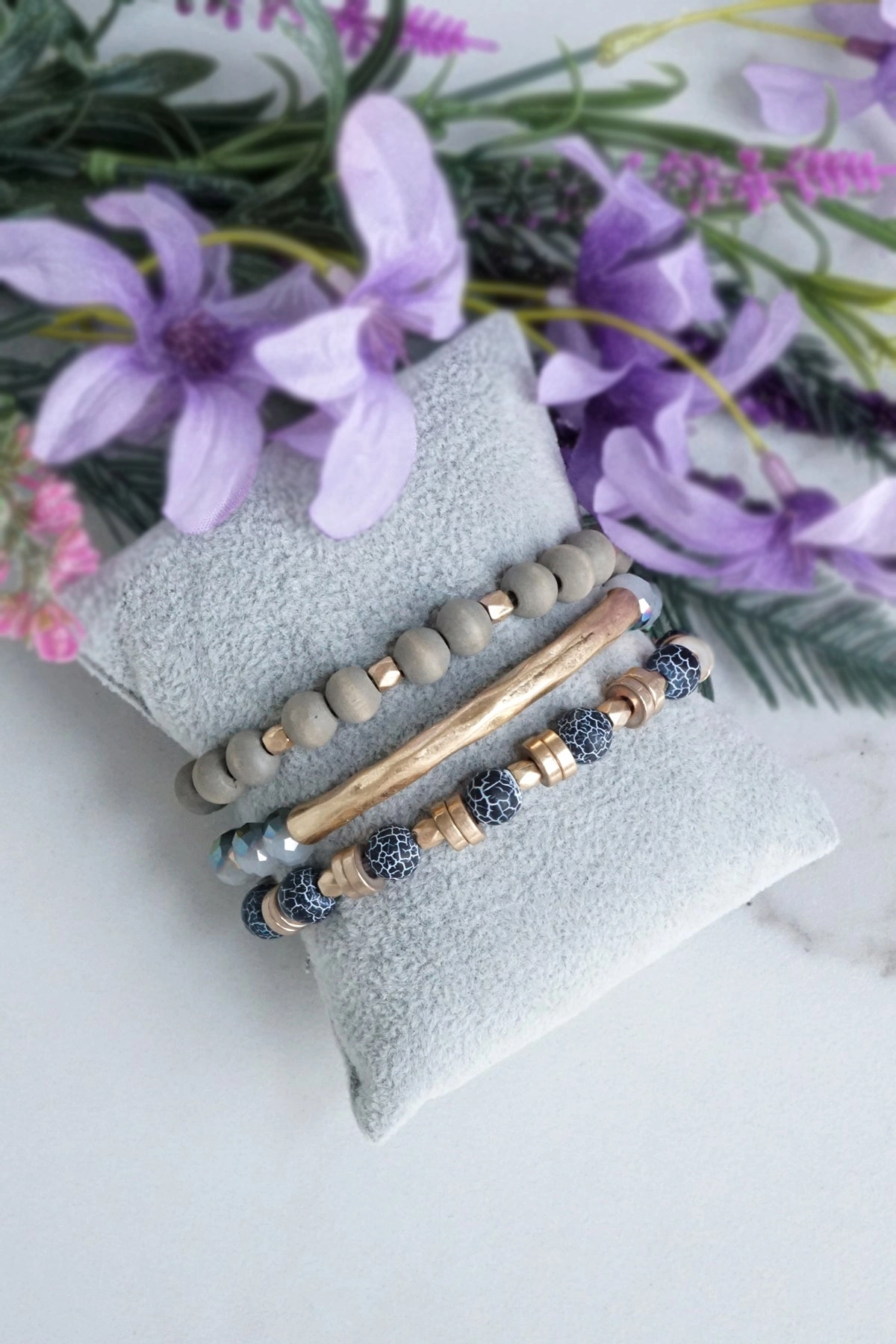Fair Deal Boho Bracelets Stack of 3 piece Beaded bracelets Semi Precious stones in Gray and gold, Stacking bracelets