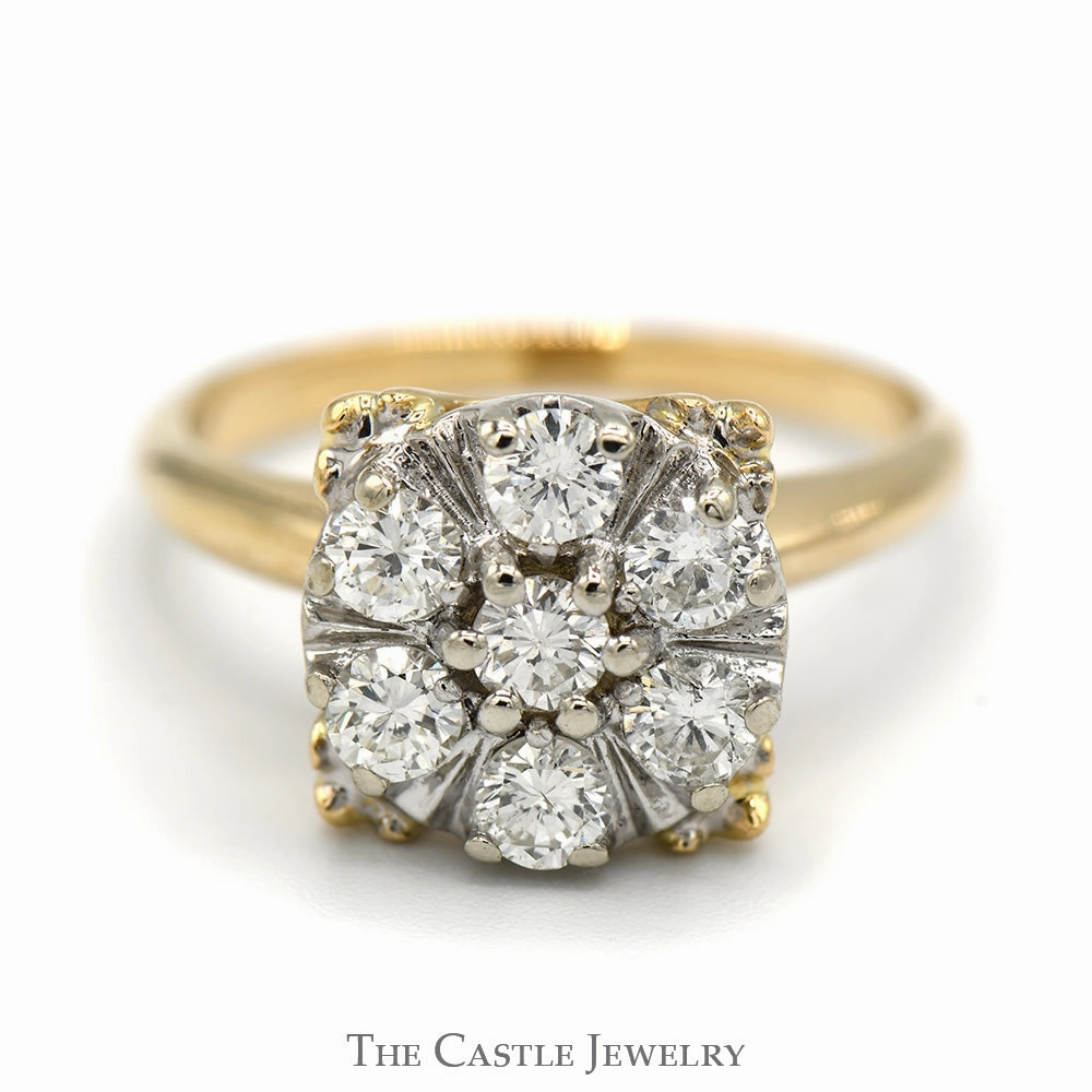 Best choice highly recommended Square Shaped 1cttw 7 Diamond Cluster Ring in 14k Yellow Gold