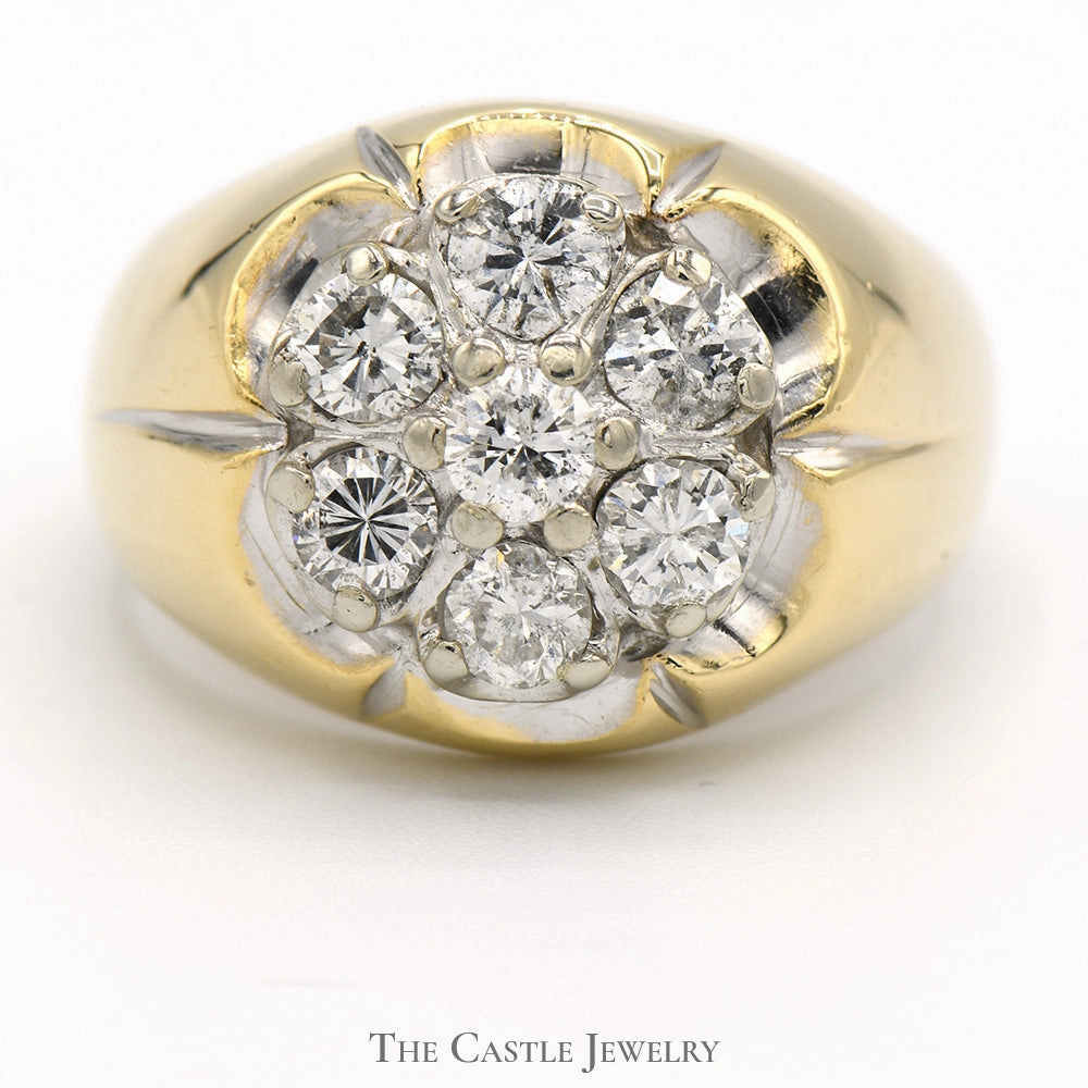 2cttw 7 Diamond Cluster Men's Ring in Scalloped 14k Yellow Gold Mounting Polished Surface Artistic Craft