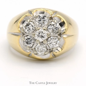 2cttw 7 Diamond Cluster Men's Ring in Scalloped 14k Yellow Gold Mounting Polished Surface Artistic Craft