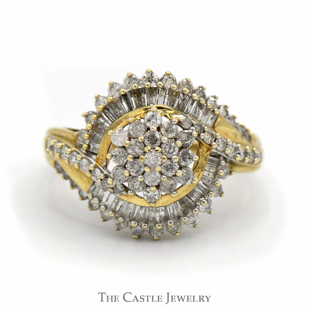 3/4cttw Flower Cluster Ring with Baguette and Round Diamond Accents in 10k Yellow Gold Smart Design Classic Token