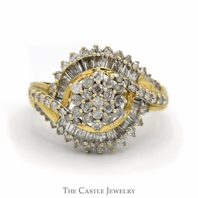 3/4cttw Flower Cluster Ring with Baguette and Round Diamond Accents in 10k Yellow Gold Smart Design Classic Token