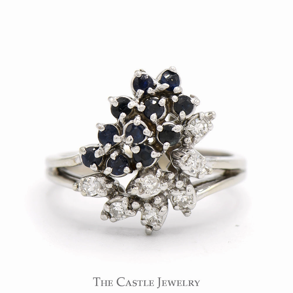 Budget Symbol Sapphire & Diamond Cluster Ring with Split Shank Sides in 14k White Gold