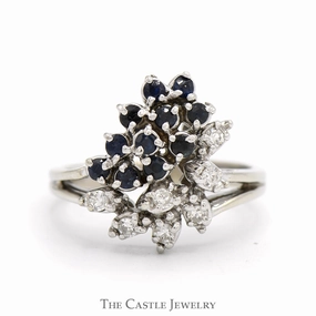 Budget Symbol Sapphire & Diamond Cluster Ring with Split Shank Sides in 14k White Gold