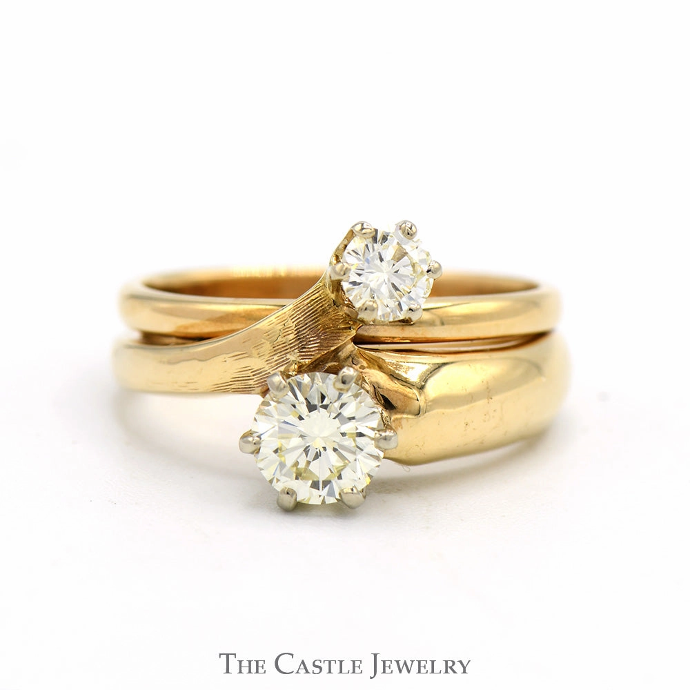 1cttw Double Diamond Bypass Ring with Soldered Matching Band in 14k Yellow Gold Father Present