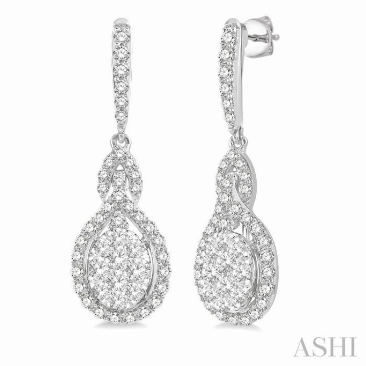 Subtle Shine Glistening Glow 1 1/4 Ctw Oval Shape Dangling Lovebright Round Cut Diamond Earring in 14K White Gold
