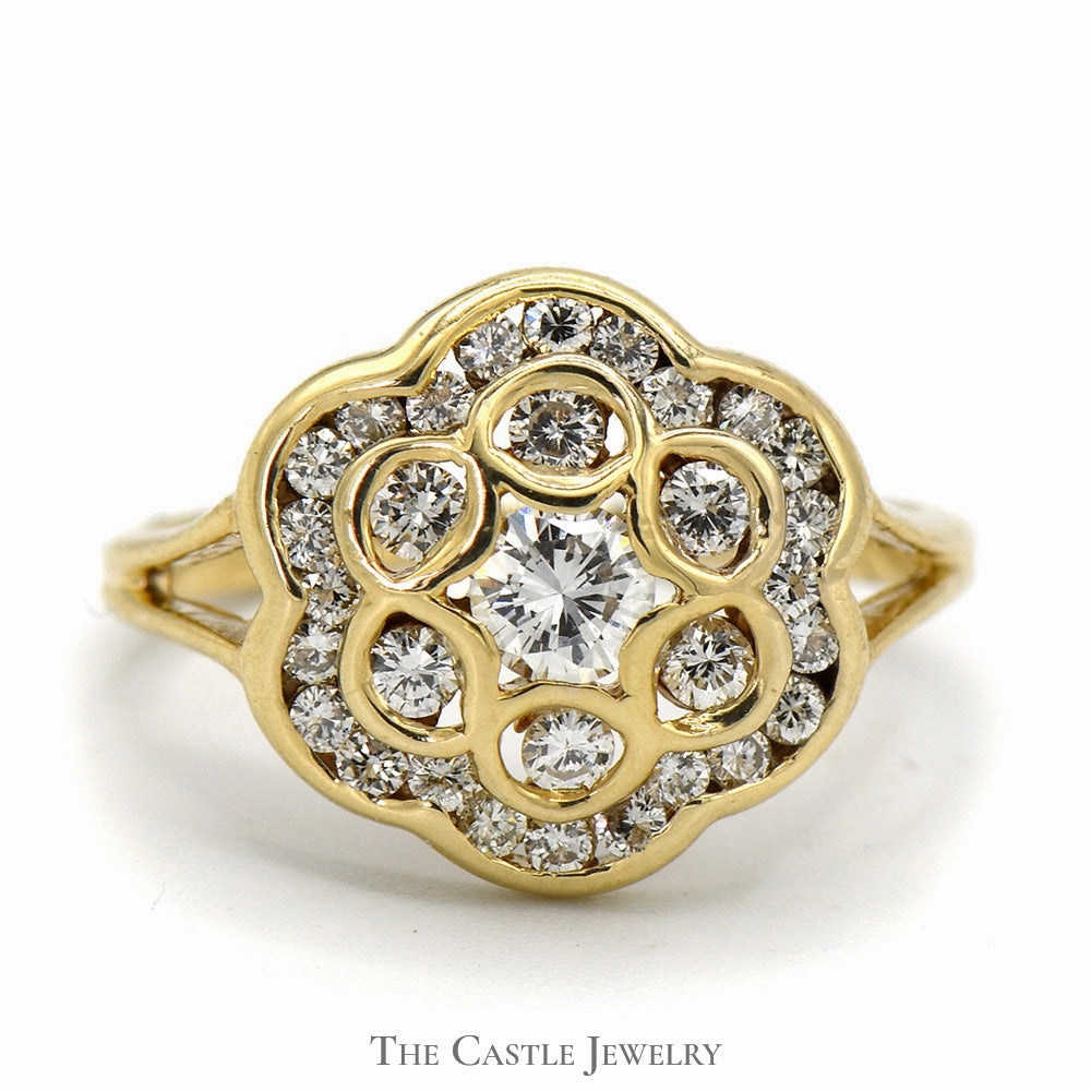 Modern Classic Flower Shaped Diamond Cluster Ring in 14k Yellow Gold Split Shank