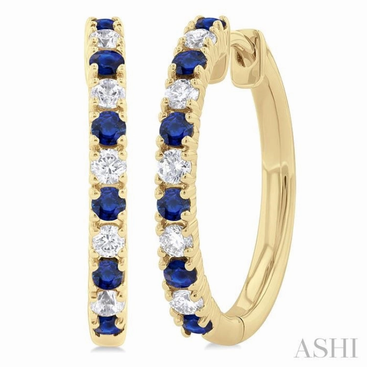 1.80 MM Round Shape Sapphire and 1/4 ctw Round Cut Diamond Precious Hoop Earring in 10K Yellow Gold Bold Moment Vogue Touch