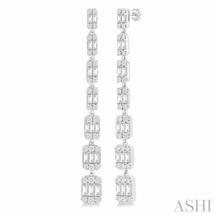 Shiny Edge 1 1/2 Ctw Fusion Baguette and Round Cut Diamond Fashion Long Earring in 14K White Gold