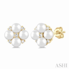 3 MM Floral Round Shape Cultured Pearl and 1/20 ctw Round Cut Diamond Fashion Stud Earring in 10K Yellow Gold Shine Effect
