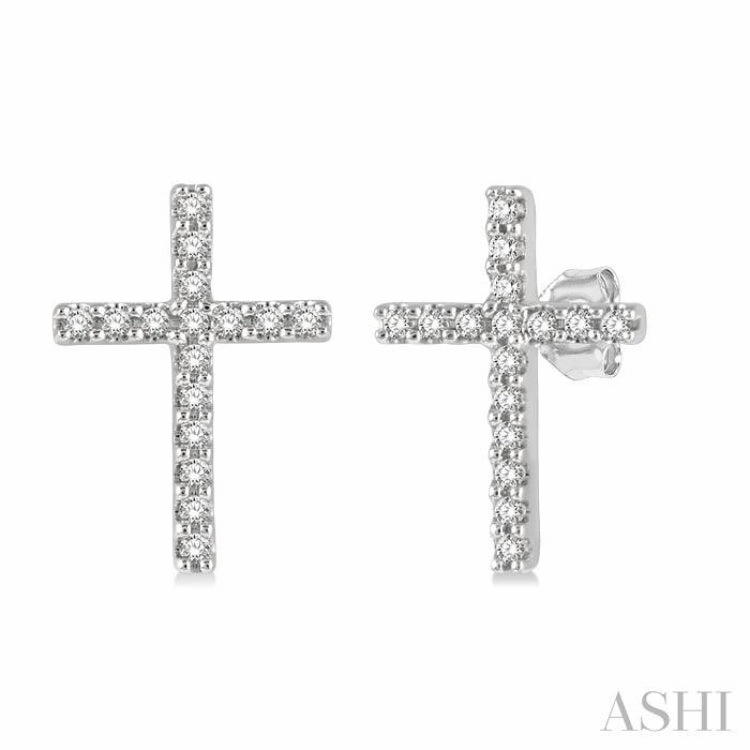 Shiny Texture 1/10 ctw Cross Round Cut Diamond Petite Fashion Earring in 10K White Gold