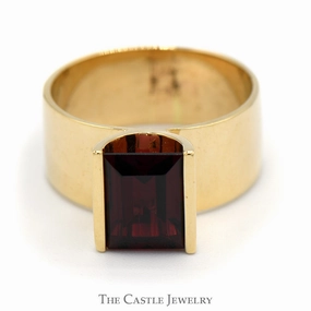 Emerald Cut Garnet Ring in 14k Yellow Gold 8mm Wide Polished Band Understated Finish Creative Insignia