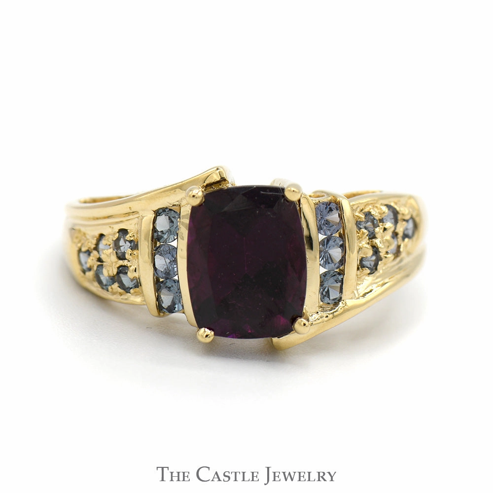 Artistic Memento Cushion Cut Rhodalite Garnet Ring with Tourmaline Accented Sides in 14k Yellow Gold