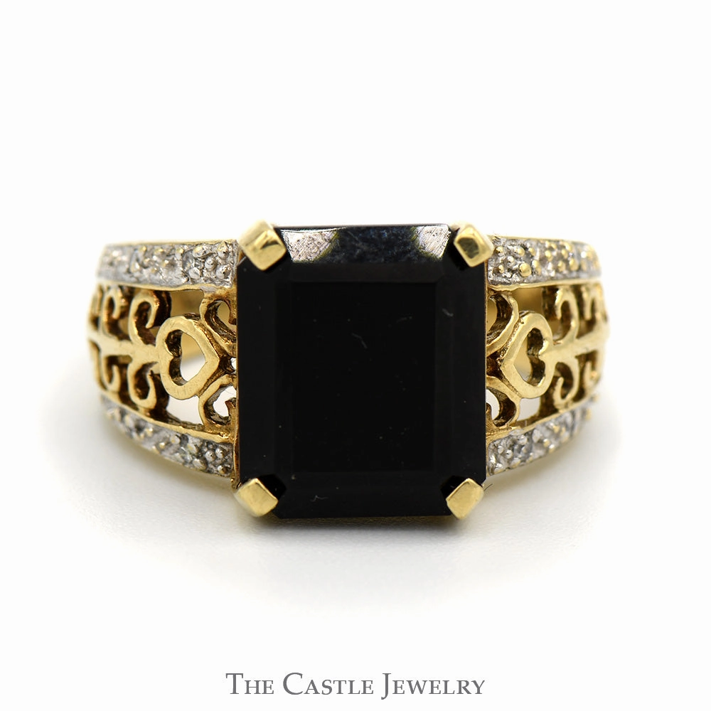 Minimalist Art Rectangle Cut Black Onyx Ring with Diamond Accented Scroll Designed Sides in 10k Yellow Gold
