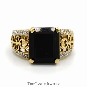 Minimalist Art Rectangle Cut Black Onyx Ring with Diamond Accented Scroll Designed Sides in 10k Yellow Gold
