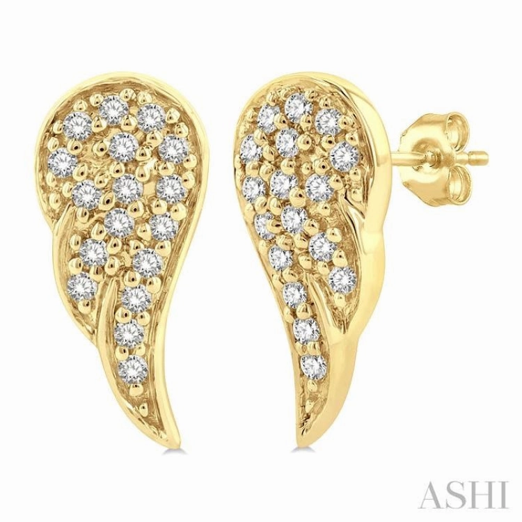 Breezy Style 1/10 Ctw Petite Angel Wings Round Cut Diamond Fashion Stud Earring in 10K Yellow Gold