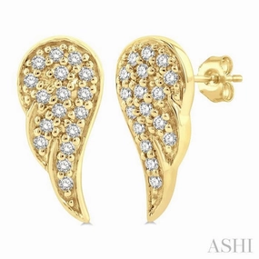 Breezy Style 1/10 Ctw Petite Angel Wings Round Cut Diamond Fashion Stud Earring in 10K Yellow Gold