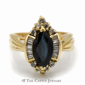 Marquise Shaped Sapphire Ring with Baguette and Round Diamond Accents in 14k Yellow Gold Delicate Keepsake